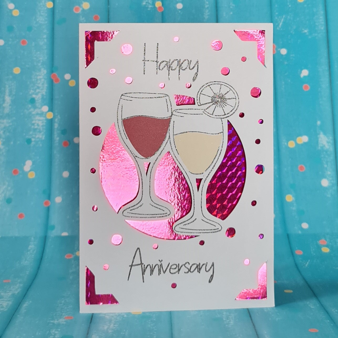 2 Wine Glasses Holographic Red Anniversary