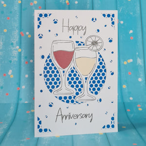 2 Wine Glasses Blue Polka Dots Anniversary